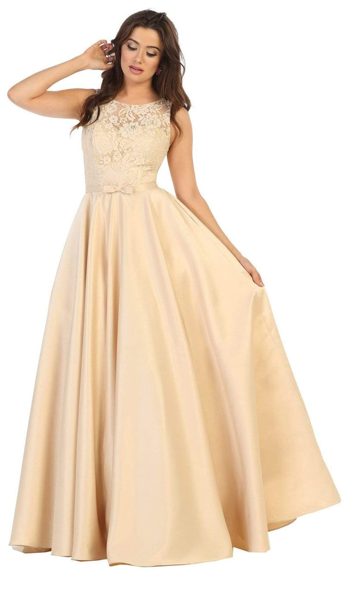 May Queen - MQ1688 Lovely Lace Tank Bow Accent Satin Long Dress Bridesmaid Dresses 4 / Champagne