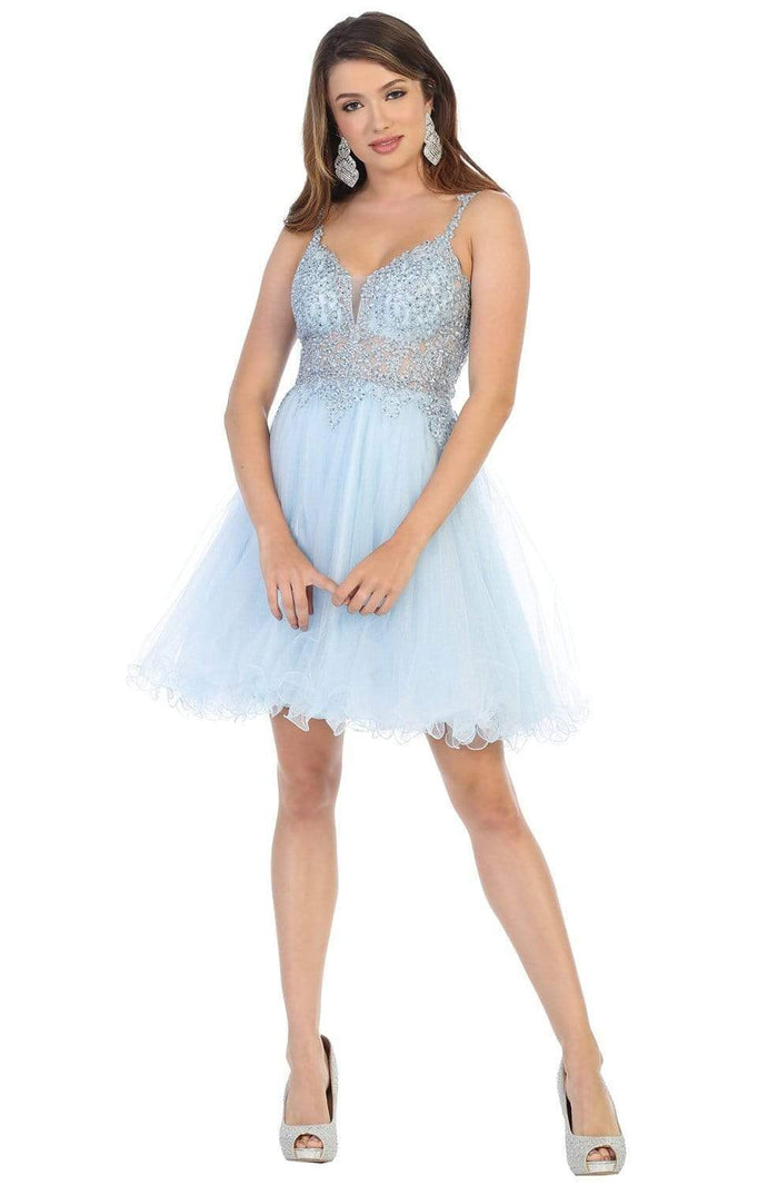 May Queen - MQ1693 Sparkly Lace Appliqued A-Line Tulle Cocktail Dress Cocktail Dresses 2 / Baby-Blue