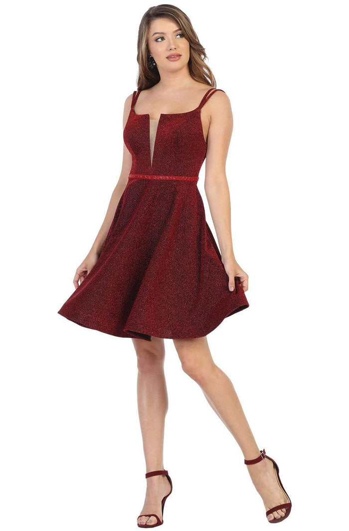 May Queen - MQ1697 Deep V-neck A-line Cocktail Dress Cocktail Dresses 4 / Burgundy
