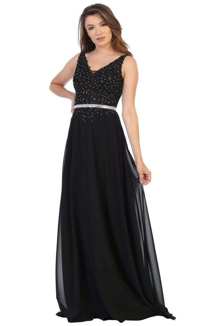 May Queen - MQ1701 Embroidered Plunging V-neck A-line Gown Evening Dresses 4 / Black