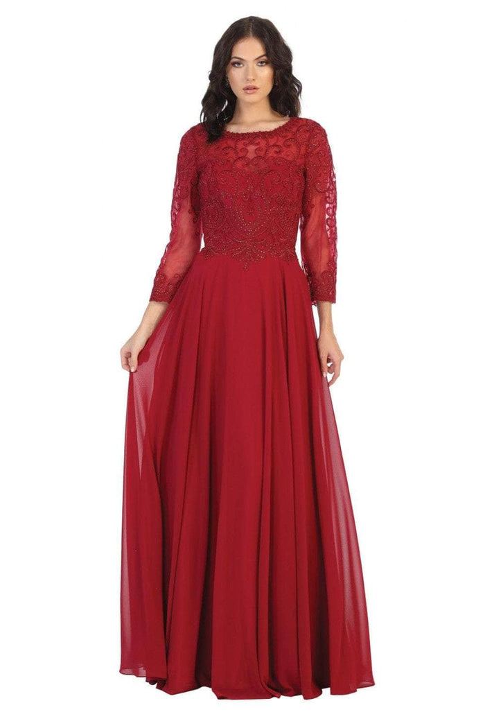 May Queen - MQ1706 Embroidered Illusion Jewel A-Line Dress Mother of the Bride Dresses M / Burgundy