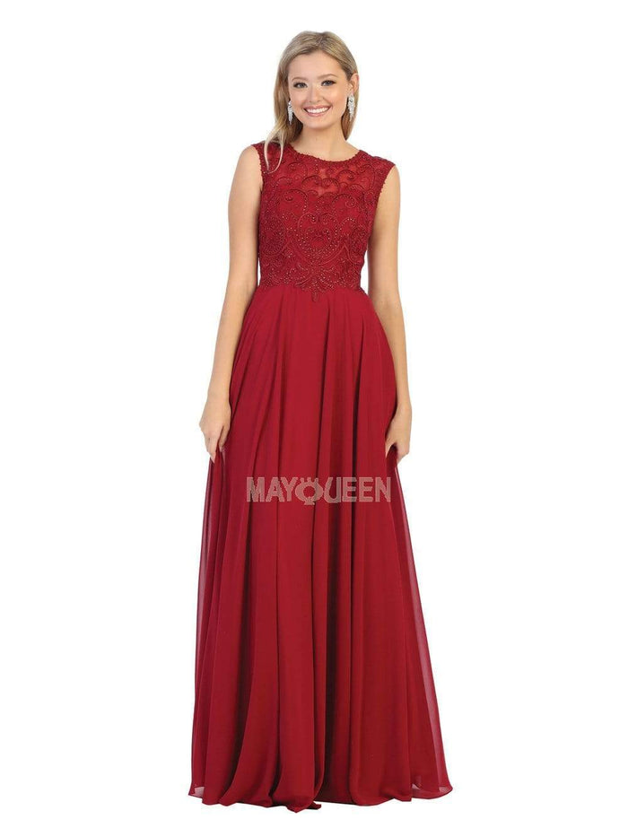 May Queen - MQ1707 Swirl Motif Embroidered Chiffon Dress Prom Dresses 4 / Burgundy