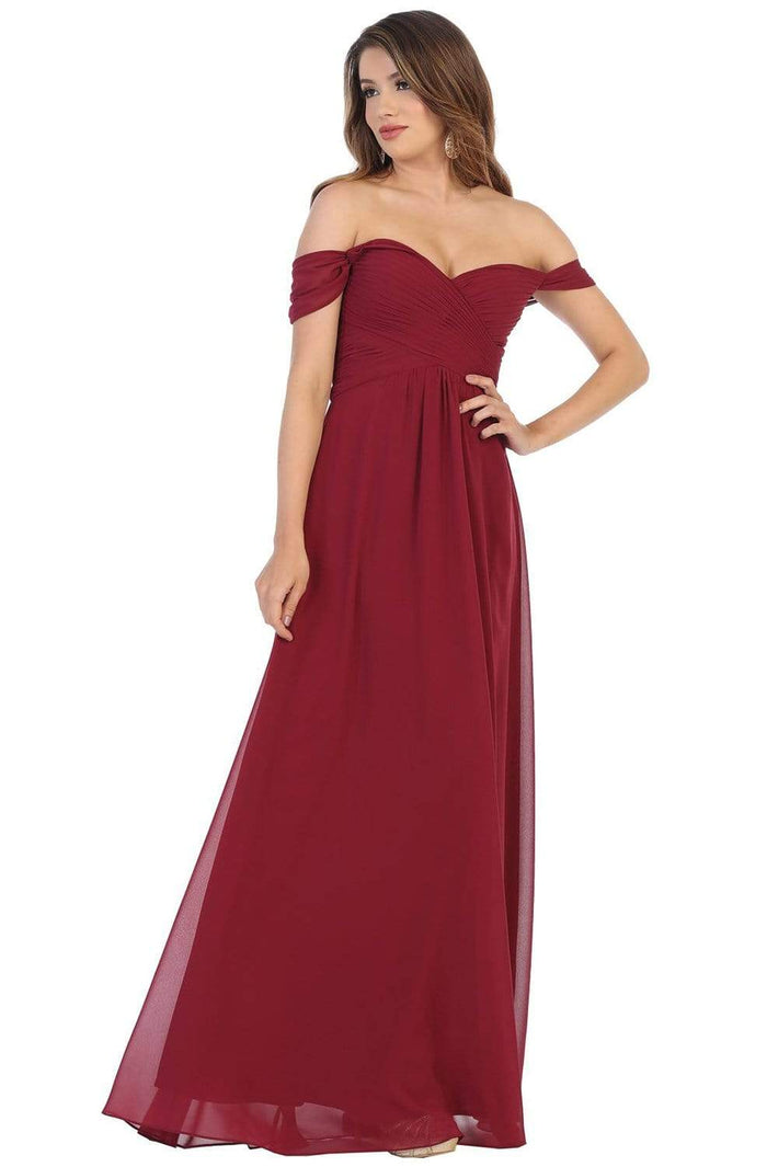 May Queen - MQ1711 Draped Off Shoulder Chiffon A-Line gown Bridesmaid Dresses 4 / Burgundy