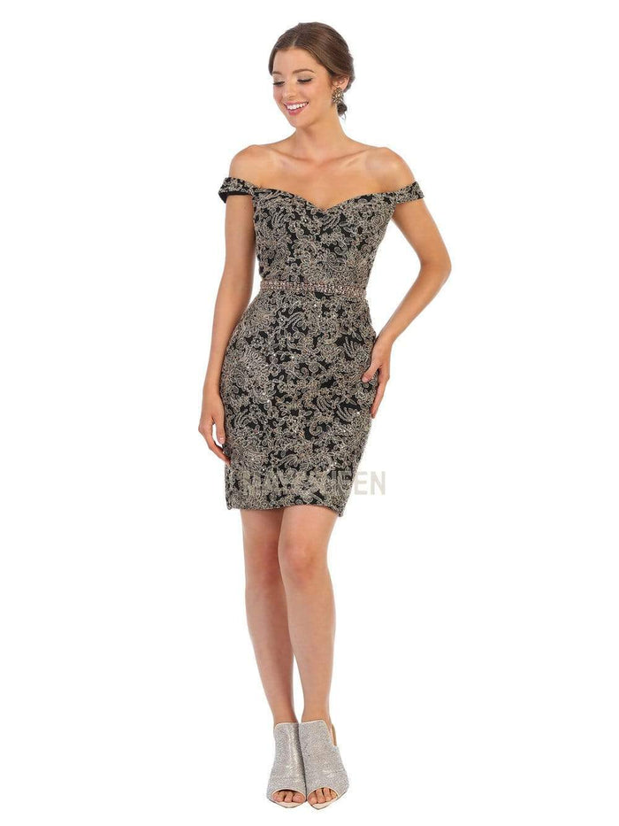 May Queen - MQ1715 Short Off Shoulder Lace Appliqued Dress Party Dresses 4 / Black/Gold