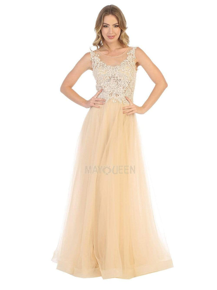 May Queen - MQ1716 Lace Appliqued Bodice Tulle Dress Prom Dresses 4 / Champagne
