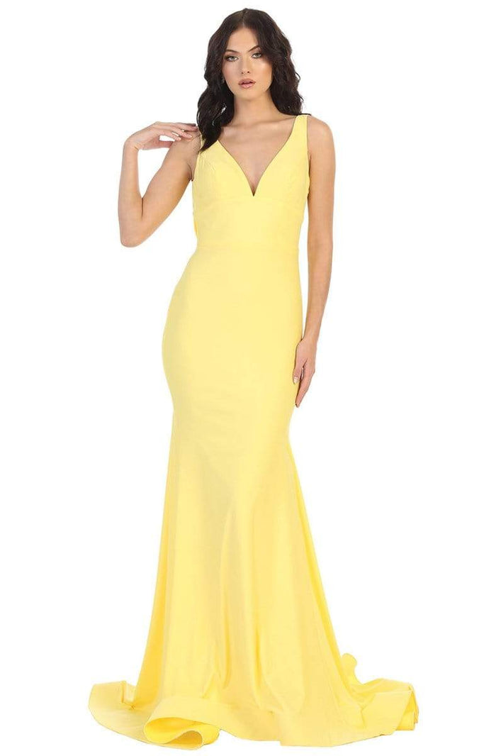 May Queen - MQ1719 Plunging V-neck Trumpet Dress With Train Evening Dresses 4 / Yellow