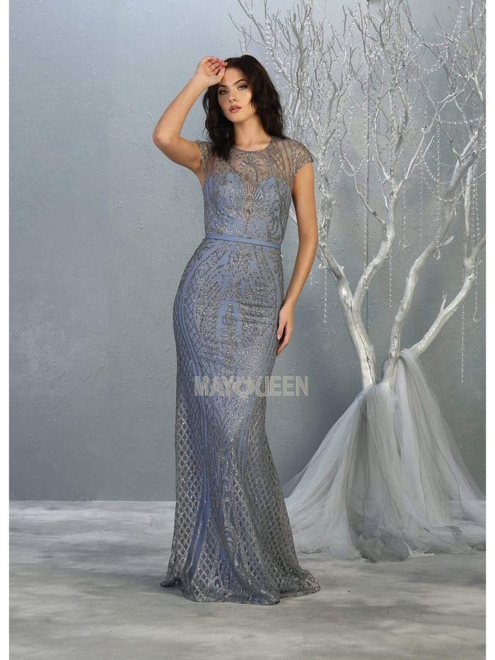 May Queen - MQ1722 Cap Sleeve Illusion Glitter Motif Sheath Dress Evening Dresses 4 / Dusty Blue