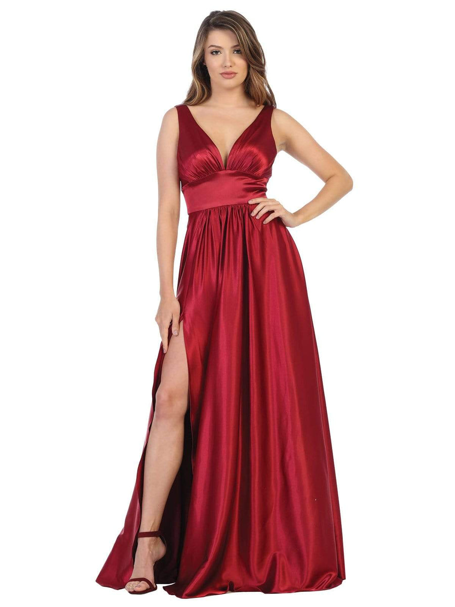 May Queen - MQ1723 Plunging V-Neck Empire High Slit Dress – Couture Candy