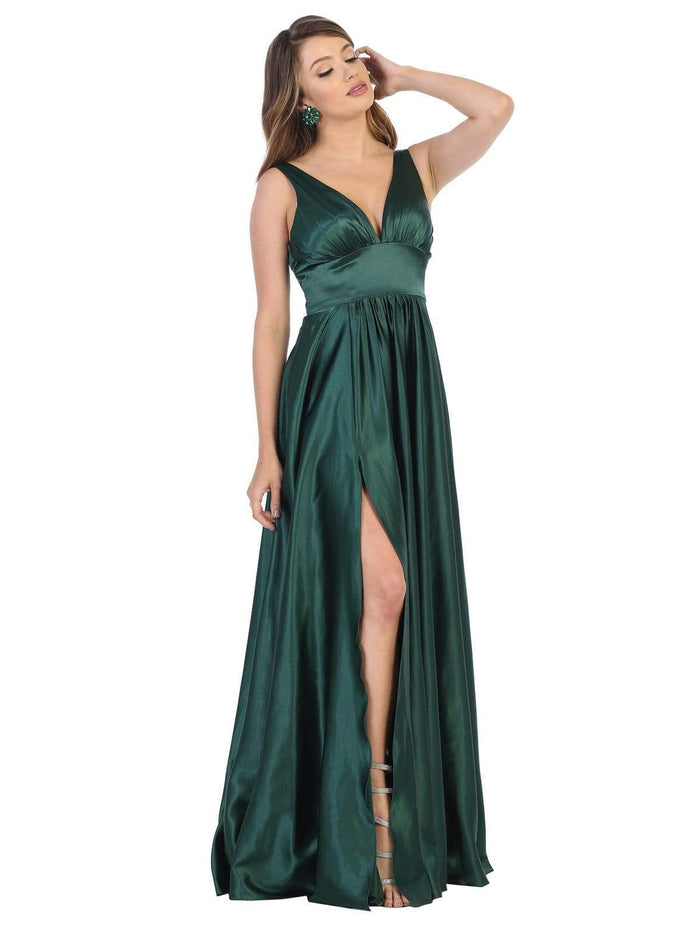 May Queen - MQ1723 Plunging V-Neck Empire High Slit Dress Evening Dresses 4 / Hunter Green