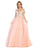 May Queen - MQ1734 Illusion Plunged Appliqued Off Shoulder Dress Prom Dresses 4 / Blush