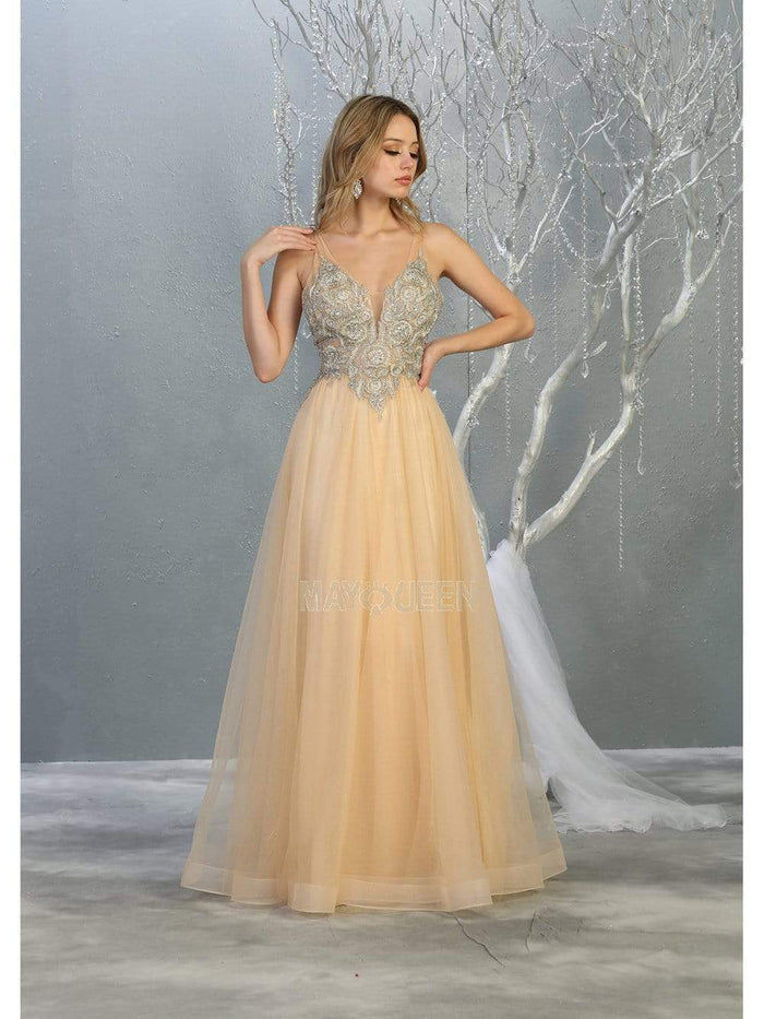 May Queen - MQ1737 Long Beaded V-Neck Bodice Tulle Dress Prom Dresses 4 / Champagne