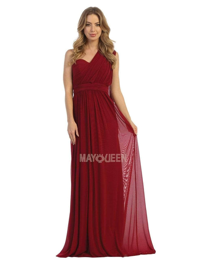 May Queen - MQ1746 Ruched Asymmetric Long Dress Prom Dresses 22 / Burgundy