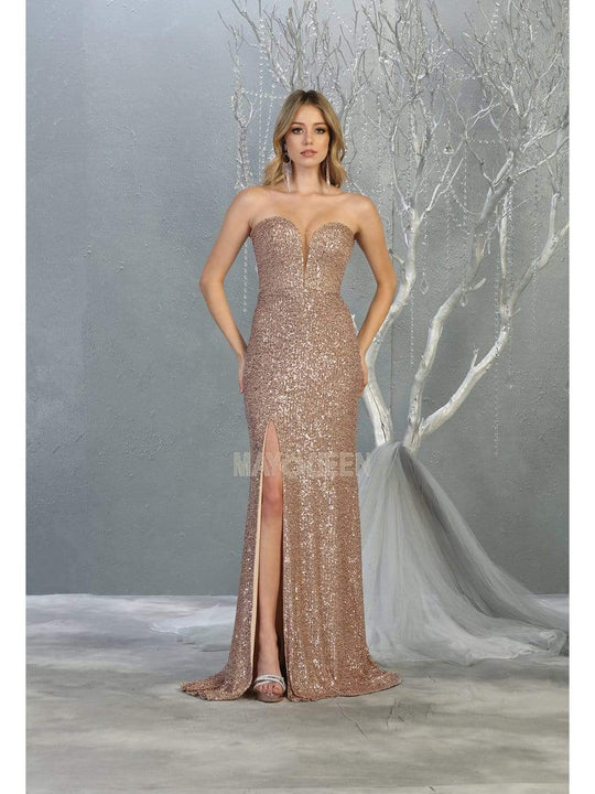 May Queen - MQ1747 Strappy Plunging Sweetheart Dress with Slit Evening Dresses 2 / Rosegold