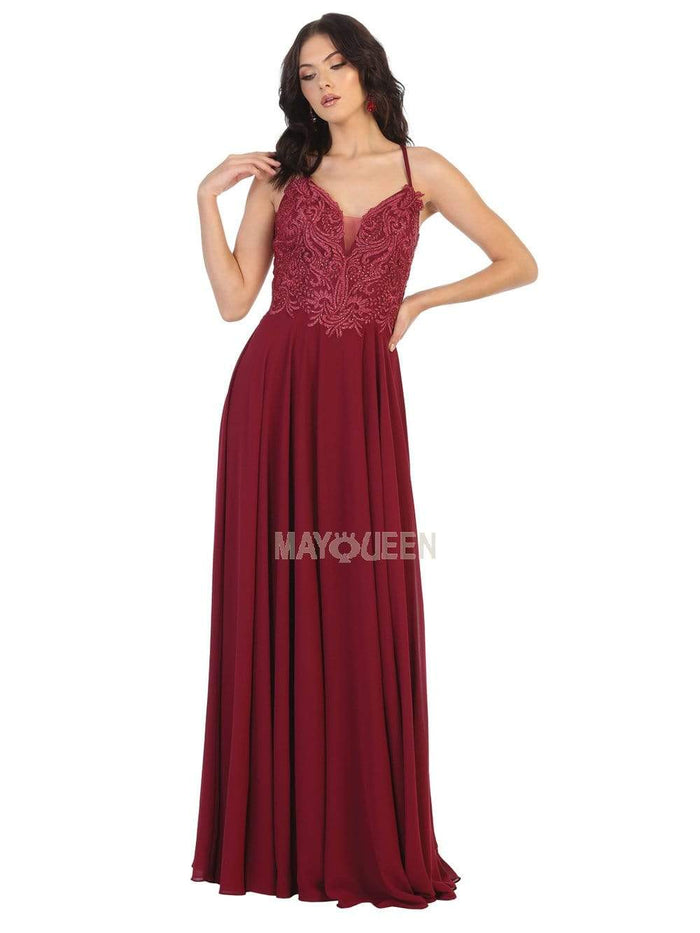 May Queen - MQ1750 Embroidered Plunging V-neck A-line Dress Prom Dresses 4 / Burgundy