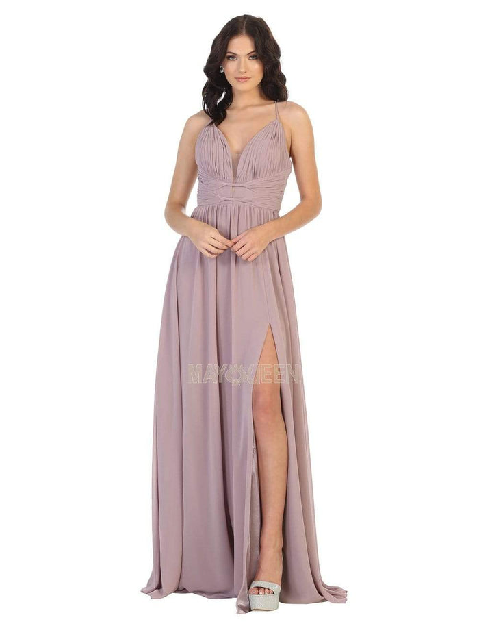 May Queen - MQ1755 Ruched Deep V-neck A-line Dress Prom Dresses 4 / Mauve