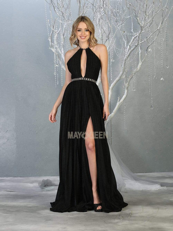 May Queen - MQ1764 Ruched Halter A-Line Dress with Slit Evening Dresses 2 / Black