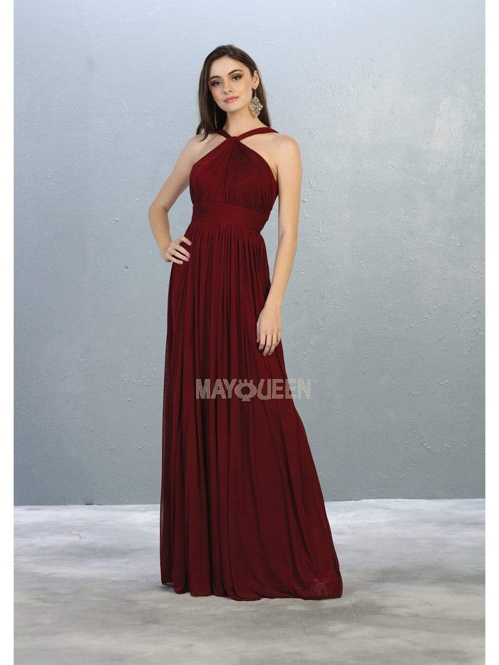 May Queen - MQ1769 Halter Neck Ruched Chiffon Long Formal Gown Bridesmaid Dresses 2 / Burgundy