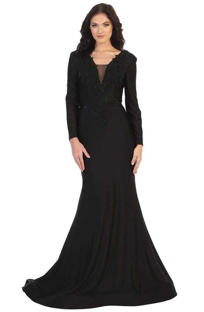May Queen - MQ1772 Beaded Appliqued Plunging Bodice Trumpet Gown Mother of the Bride Dresses 6 / Black