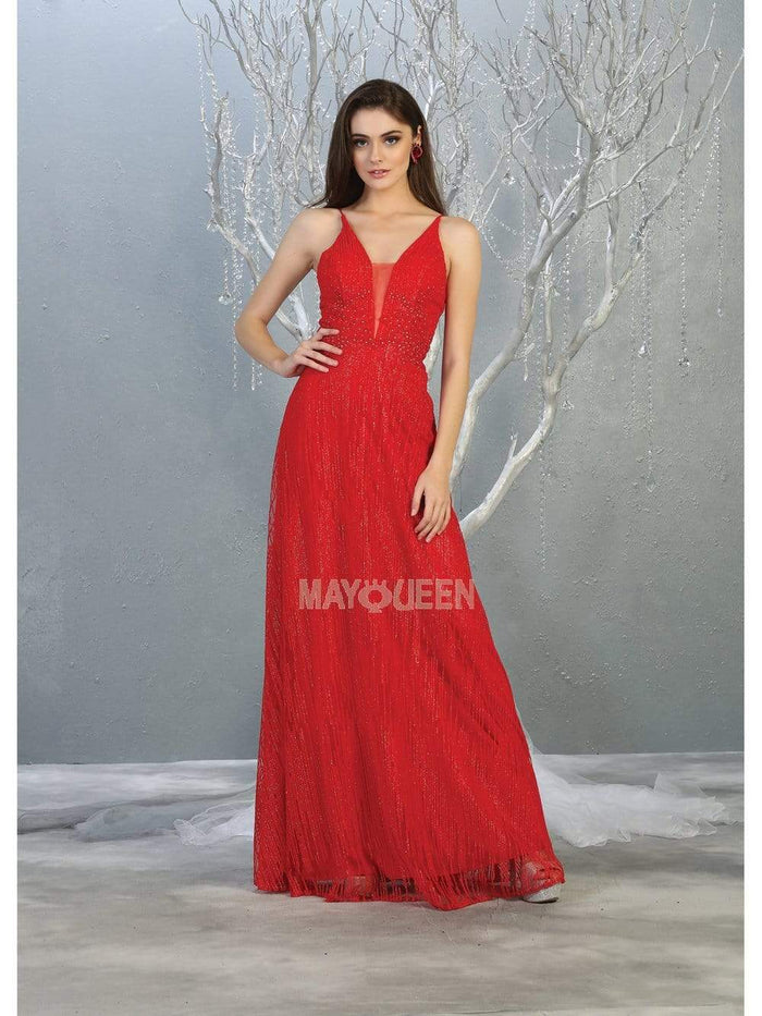 May Queen - MQ1780 Lace Up Tie Glitter A-Line Dress Evening Dresses 2 / Red