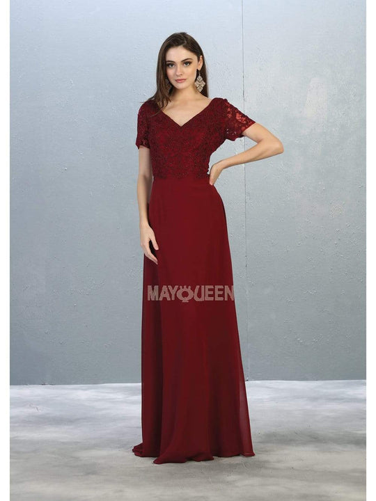 May Queen - MQ1782 Short Sleeve Appliqued V-Neck Long Dress