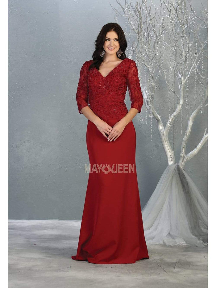 May Queen - MQ1783 Quarter Sleeve Lace Appliqued Trumpet Dress Evening Dresses M / Burgundy