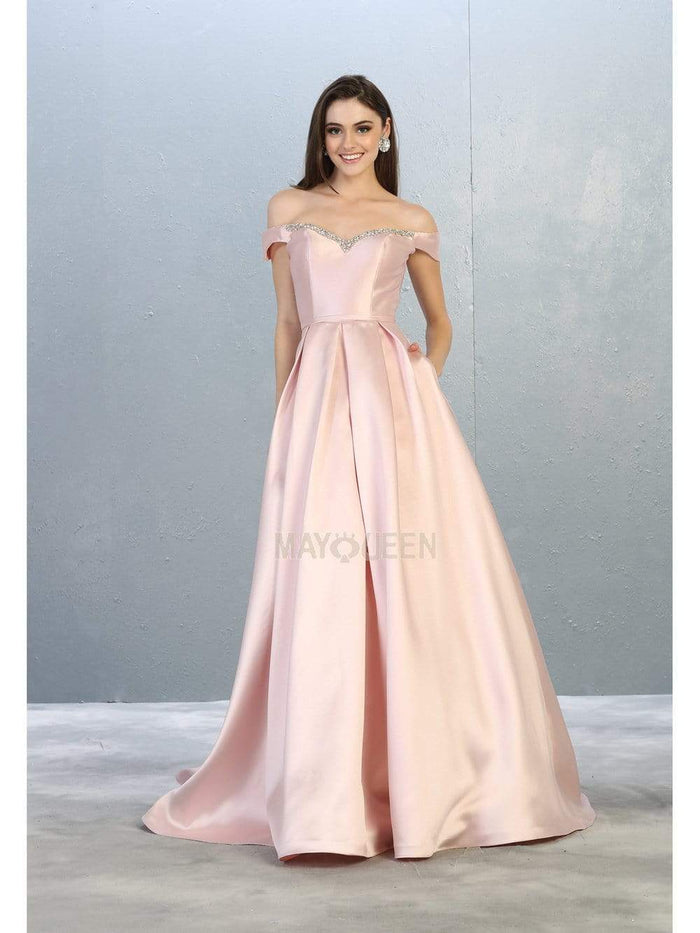 May Queen - MQ1784 Jewel-Trimmed Off Shoulder A-Line Dress Prom Dresses 4 / Blush