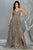 May Queen - MQ1787 Embellished V-neck A-line Gown With Slit Evening Dresses 2 / Charcoal/Gold