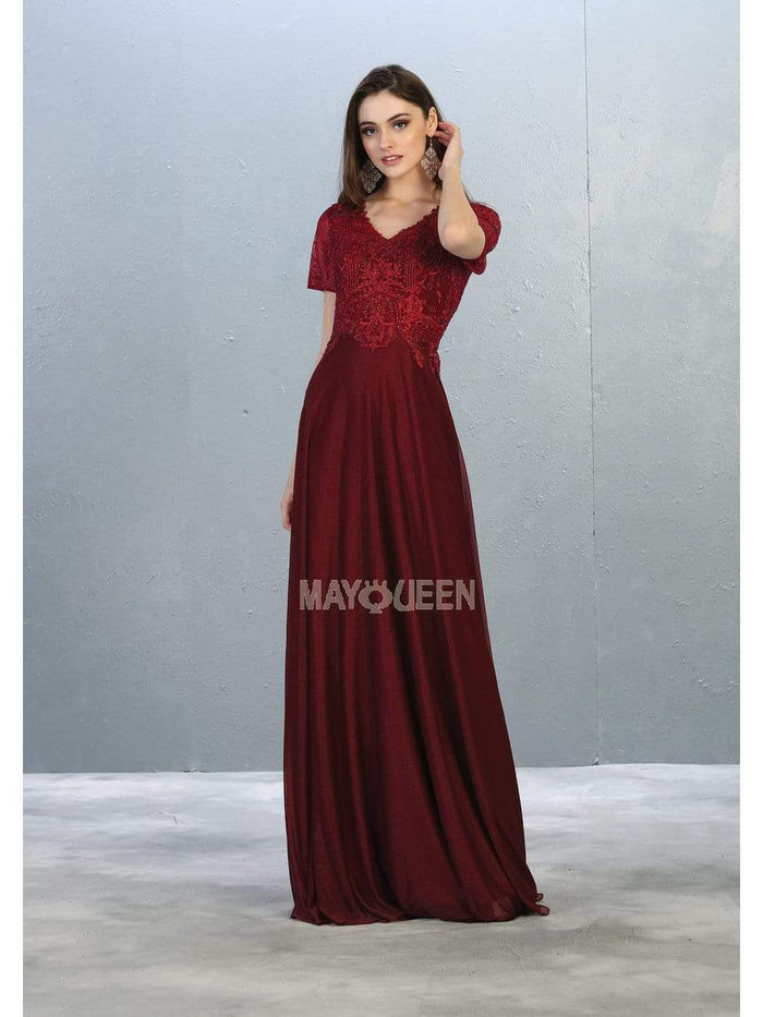 May Queen - MQ1794 Appliqued Short Sleeve Bodice Glitter Long Dress Evening Dresses M / Burgundy