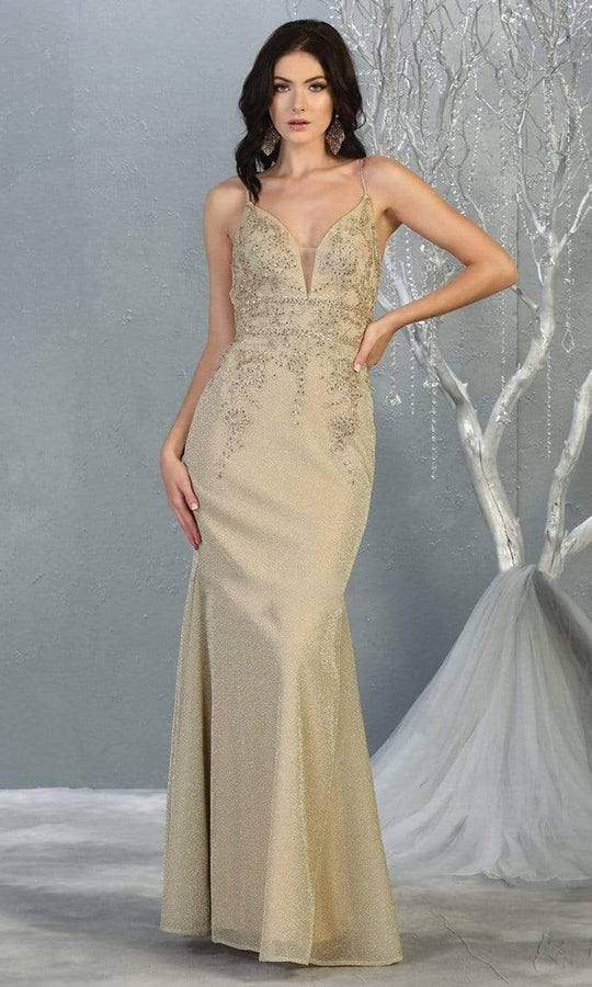 May Queen - MQ1796 Lace Applique-Ornate Trumpet Dress Evening Dresses 4 / Champagne/Gold