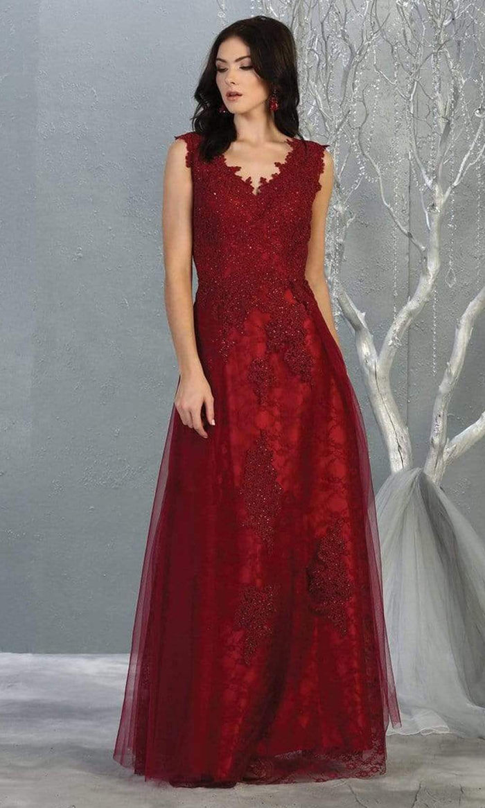 May Queen - MQ1799 Embroidered V-neck A-line Dress Evening Dresses 4 / Burgundy