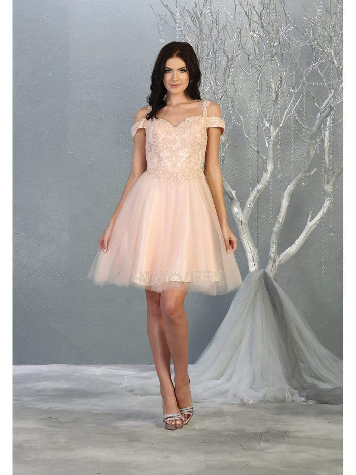 May Queen - MQ1809 Short Appliqued Off Shoulder Tulle Dress Homecoming Dresses 4 / Blush