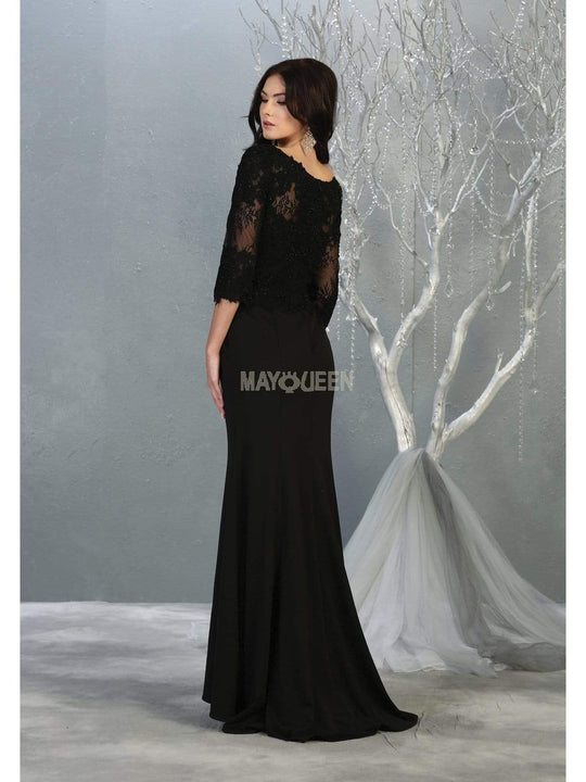 May Queen - MQ1810 Sheer Quarter Sleeve Appliqued Trumpet Dress