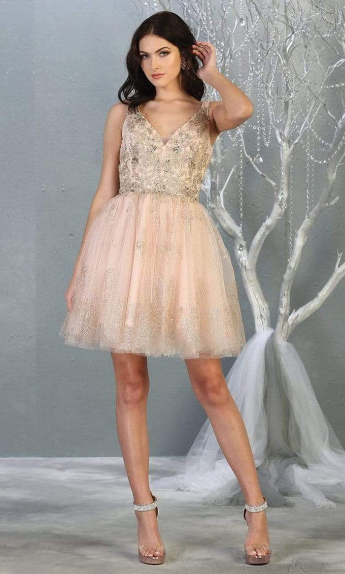 May Queen - MQ1817 Sleeveless Metallic Appliqued A-Line Dress Homecoming Dresses 2 / Blush