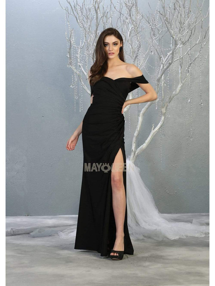 May Queen - MQ1825 Off-Shoulder Ruched Sheath Dress Evening Dresses 4 / Black