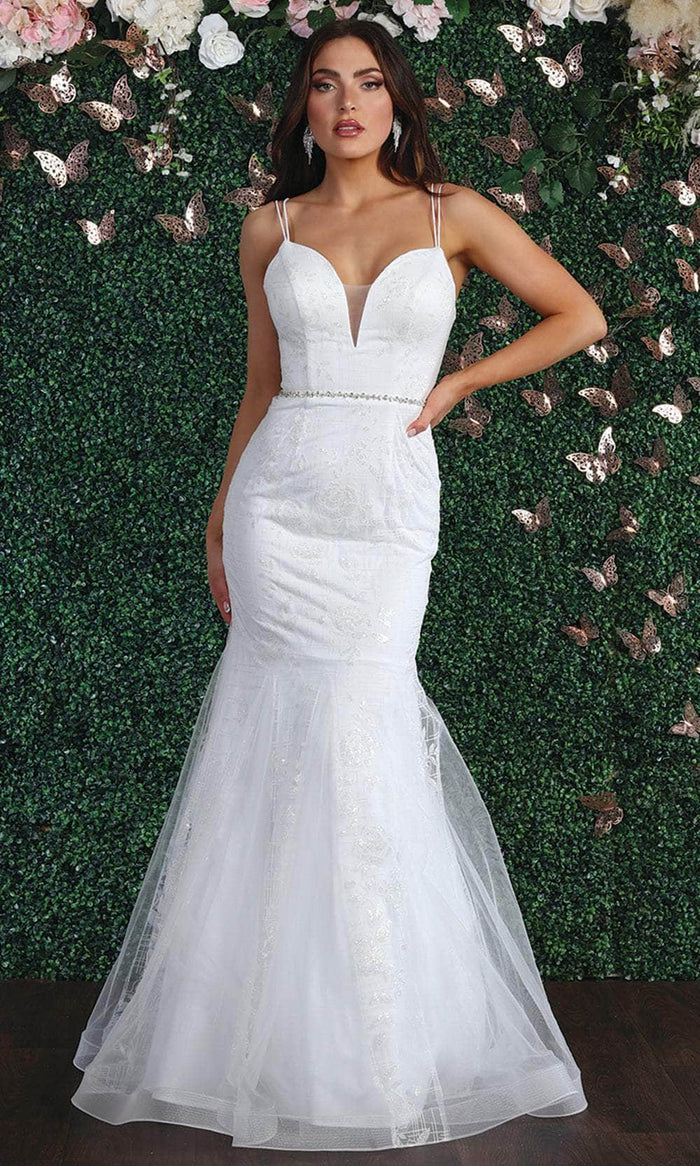 May Queen MQ1842 - Floral Beaded Plunging V-Neck Mermaid Gown Special Occasion Dress 4 / White