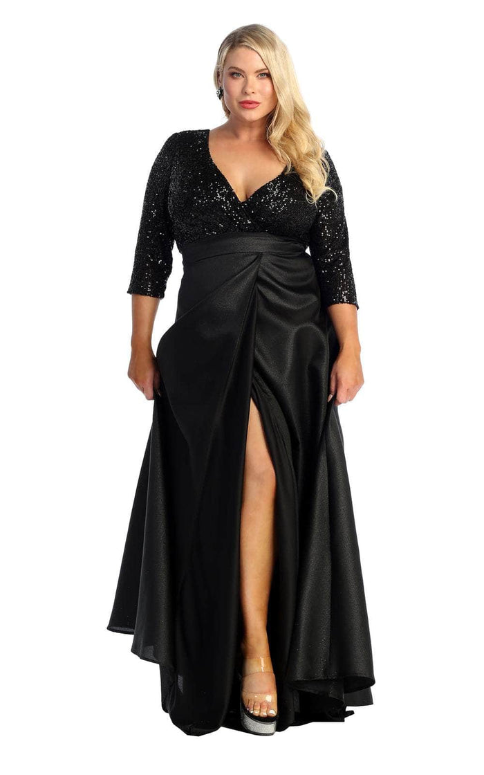 May Queen MQ1852 - Quarter Sleeve Sequined Long Dress Evening Dresses S / Black