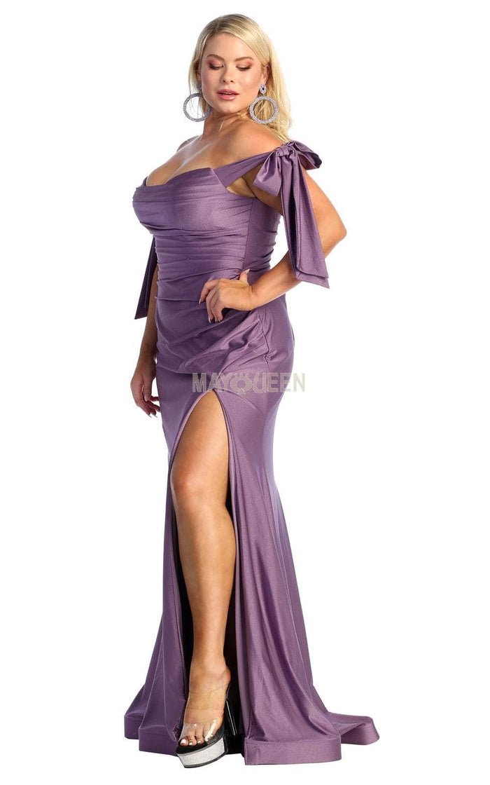 May Queen MQ1858 - Off Shoulder High Slit Gown Prom Dresses 2 / Victorian Lilac