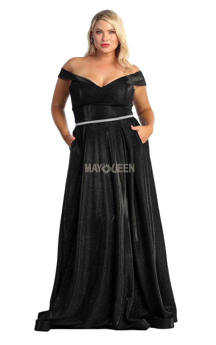 May Queen MQ1876 - Glitter Off Shoulder Prom Dress Prom Dresses 4 / Black