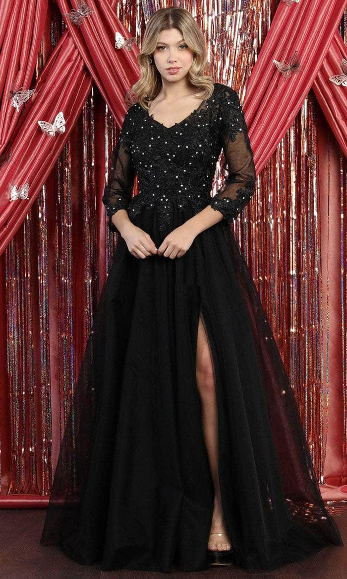 May Queen MQ1880 - Embroidered V-Neck A-Line Formal Gown Prom Dresses S / Black