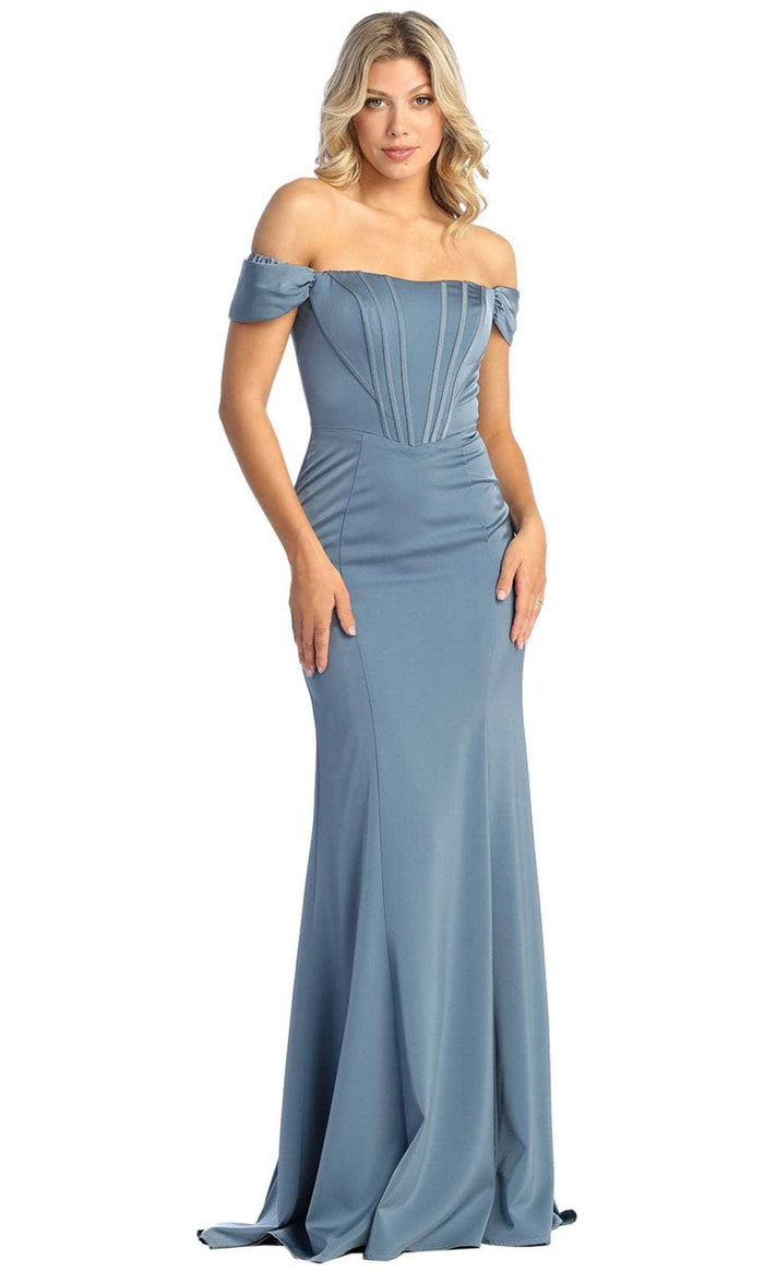 May Queen MQ1909 - Off Shoulder Seamed Prom Gown Prom Dresses 4 / Dustyblue