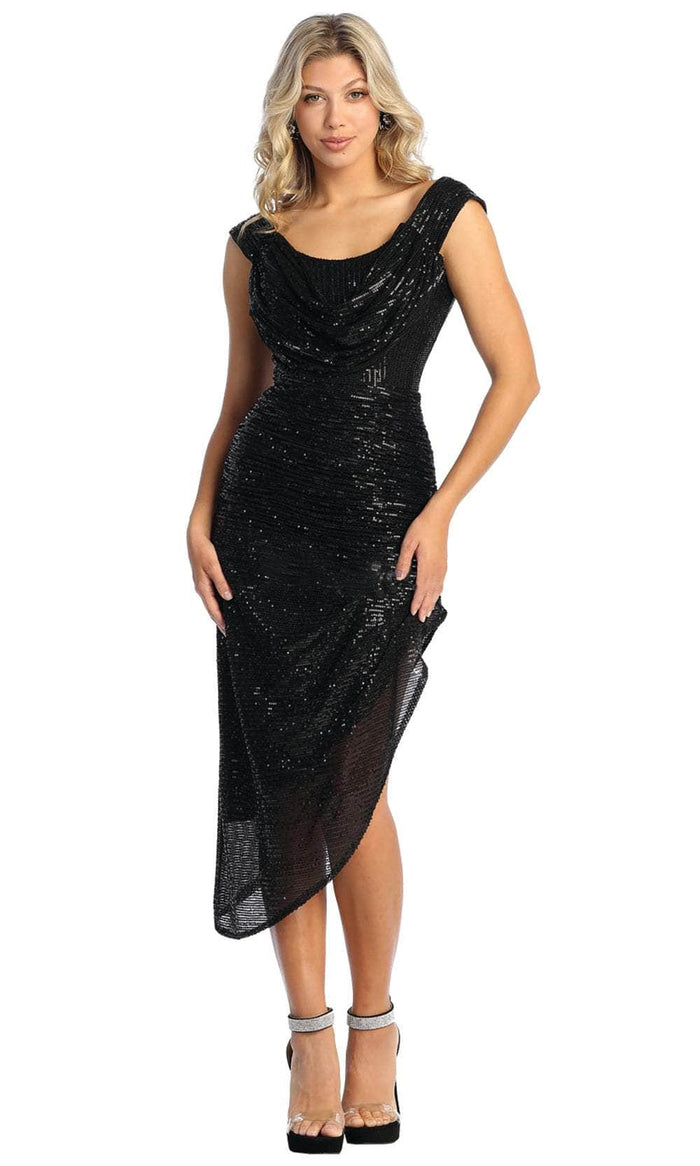 May Queen MQ1914 - Sequined Asymmetric Hem Prom Dress Prom Dresses 4 / Black