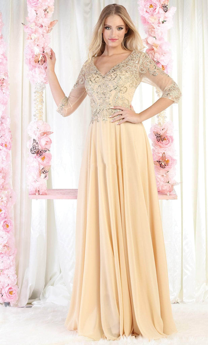 May Queen MQ1936 - Long Sleeve V Neck Evening Dress Evening Dresses S / Champagne