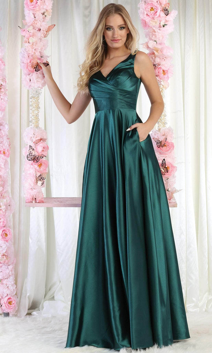 May Queen MQ1994 - V-Neck Lace-Up Back Prom Gown Evening Dresses 4 / Huntergreen