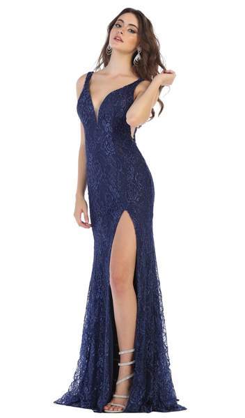 May Queen - Plunging V-Neck High Slit Lace Gown MQ1624 - 1 pc Navy In Size 2 Available CCSALE 2 / Navy