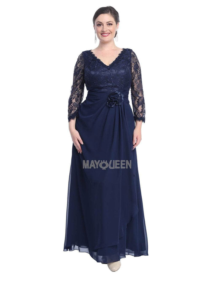 May Queen - Quarter Sleeve Floral Accented A-Line Evening Dress MQ813 1 pc Navy in size L Available CCSALE L / Navy