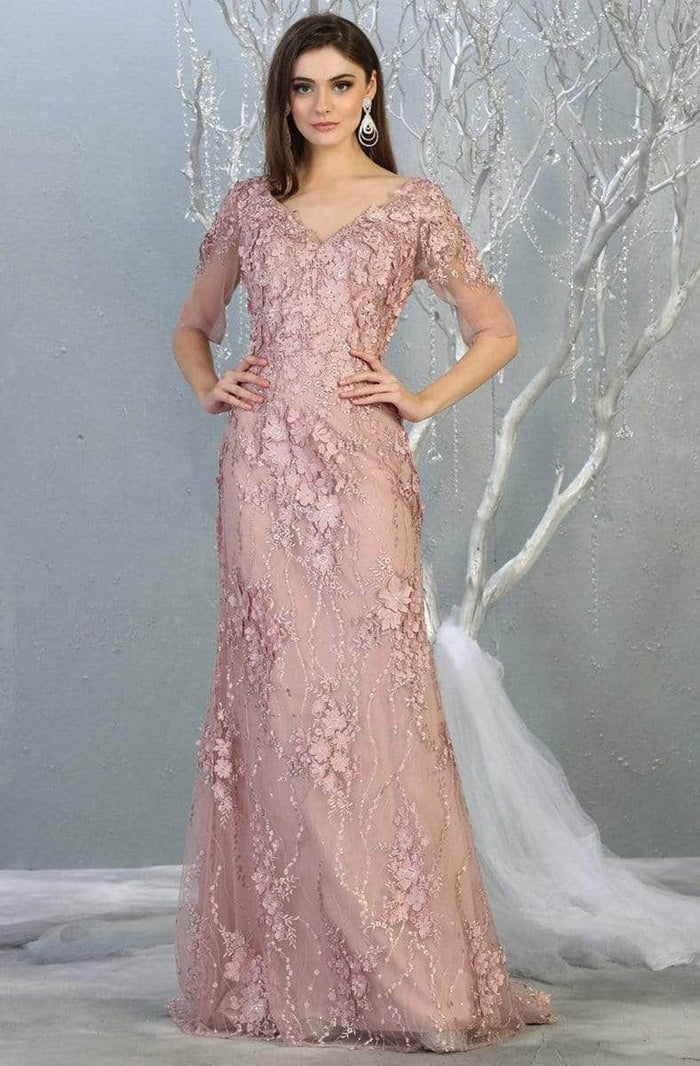 May Queen - Quarter Sleeve Floral Formal Dress RQ7873 - 1 pc Mauve In Size M Available CCSALE M / Mauve