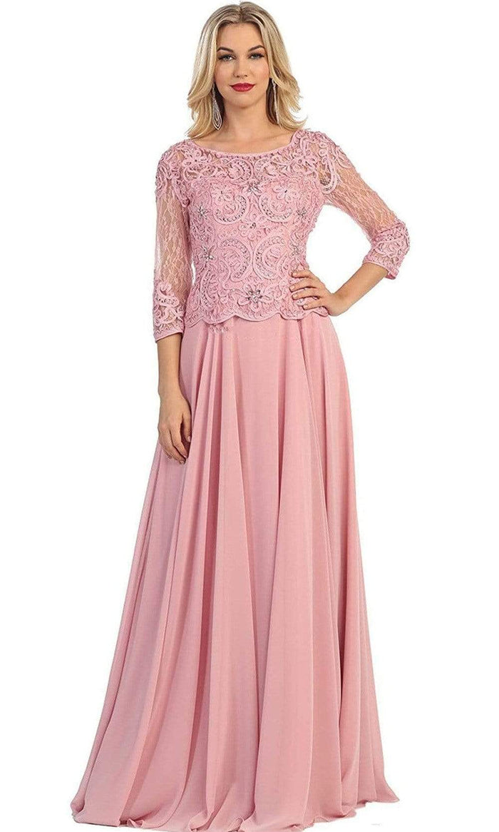May Queen - Quarter Sleeve Lacy Chiffon Evening Gown MQ1279 - 1 pc Dusty Rose In Size M Available CCSALE M / Dusty Rose