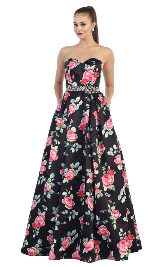 May Queen RQ7425 Strapless with Rhinestone Waistband Floral Print Ball Gown - 1 pc Black/Print In Size 12 Available CCSALE 12 / Black/Print