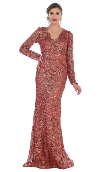 May Queen RQ7477 Scalloped with Long Sleeves Embellished Lace Gown - 1 pc Burgundy/Gold in Size 2XL Available CCSALE 2XL / Burgundy/Gold