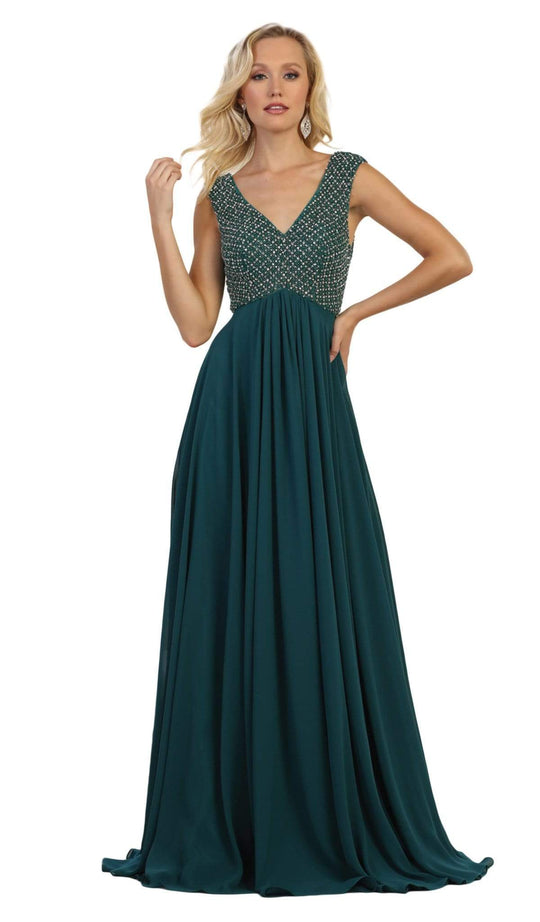 May Queen - RQ7512 Embellished V-neck A-line Dress With Train Special Occasion Dress 4 / Hunter-Grn